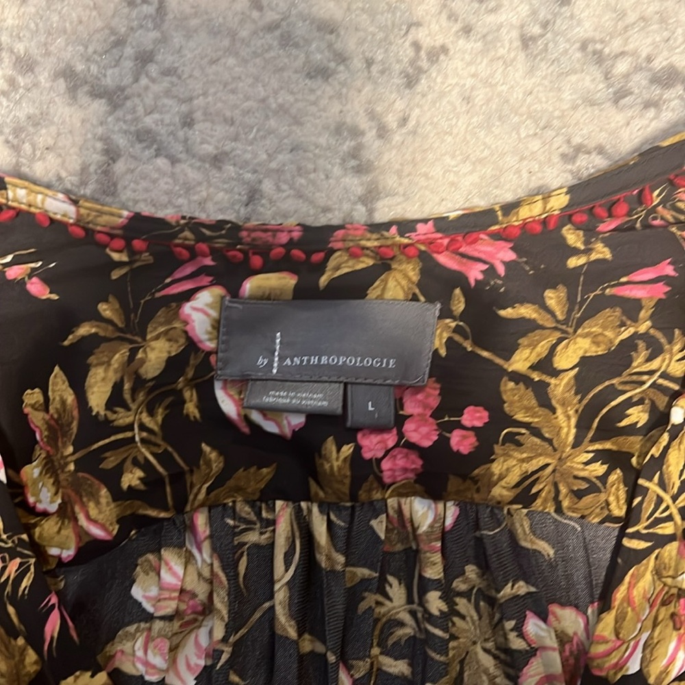 Anthropologie Black Floral V-Neck Pleated Peplum Blouse - Picture 3 of 7